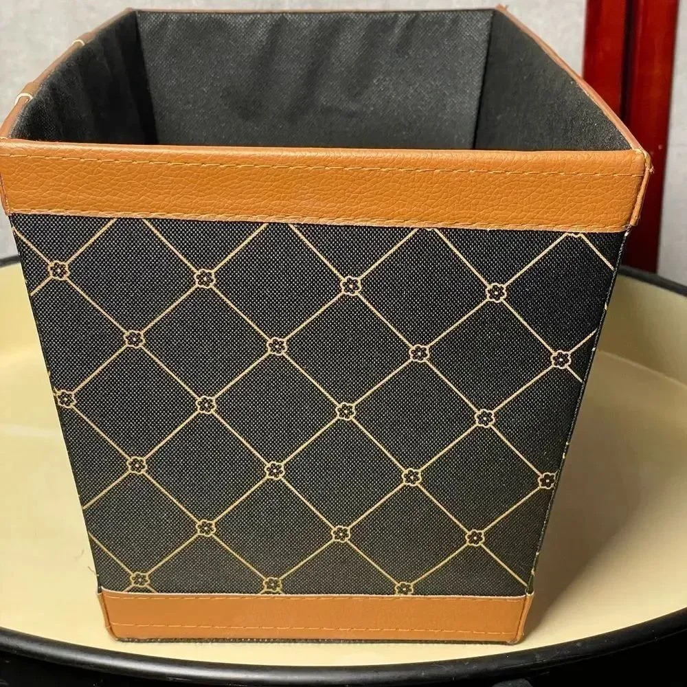 Elegant Black Fabric Storage Bin w/Brown Faux Leather Accents & Monogram Print